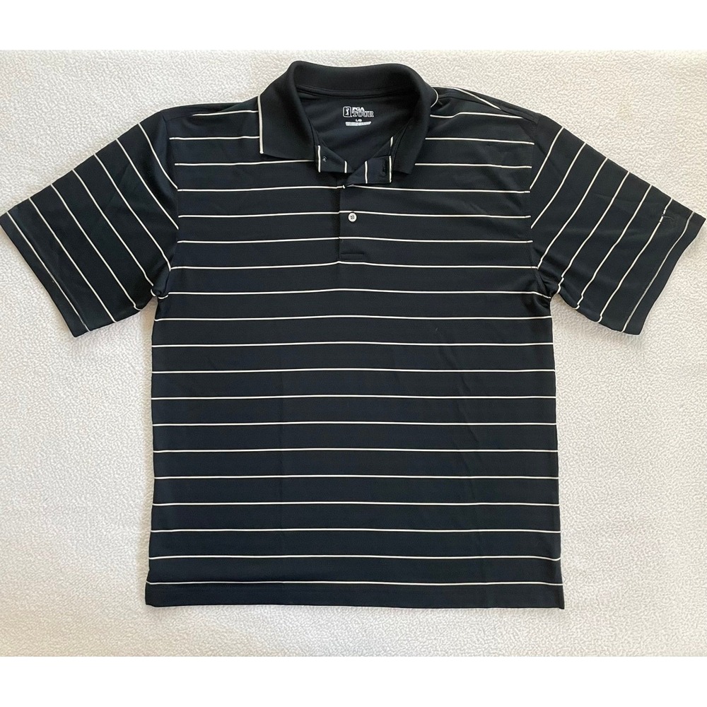 PGA Tour Mens Large Polo Shirt Black Striped‎ Short Sleeve Golf Top